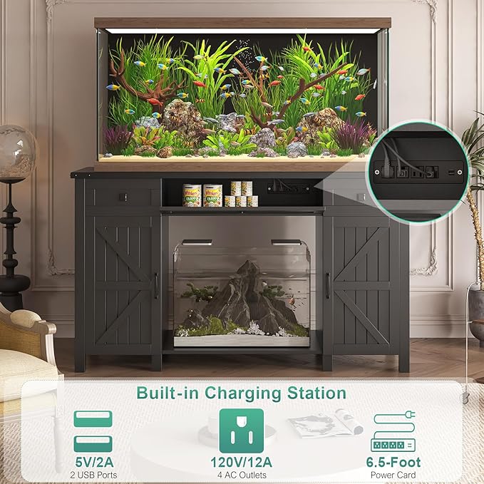 55-75 Gallon Aquarium Stand With Charging Station, Farmhouse Fish Tank Stand, Reptile Tank Stand Terrarium Stand with Drawer and Cabinet Storage, Sturdy Heavy Duty 53.5"×19.7" Tabletop - Black-PurrikoPets