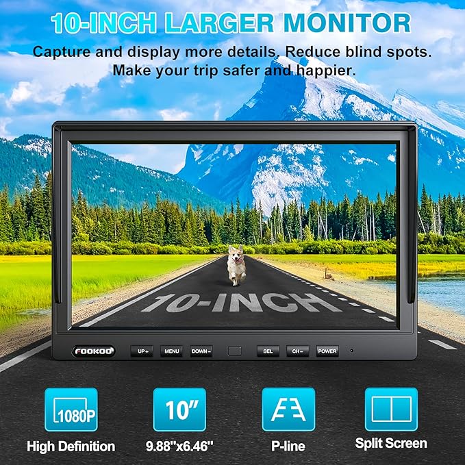 Fookoo HD 10" Wireless Backup Camera System, 1080P 10-inch Quad Split Monitor w/Recording, Waterproof Side & Rear View Cameras, 4 Channel, Digital Signal, Parking Lines for RV/Truck/Trailer-PurrikoPets