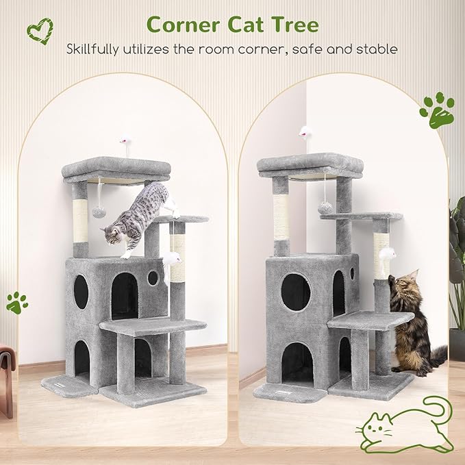 Globlazer Cat Tree Tower for Indoor Cats, 50-inch Adult Cat Tree House for Large Adult Cats with Steps, Scratching Post, 2 Cat Caves, Dangling Toys, FC50, Light Grey-PurrikoPets