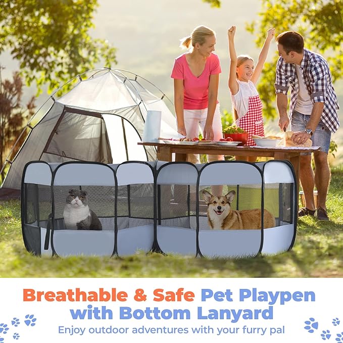 2-in-1 XLarge Pop Up Dog Playpen, Cat Puppy Pet Playpen, Indoor Outdoor Cats Enclosed, Cat Tent Crate Cage Kennel, Portable Playpen for Kitten and Small Animals(No Divider, Unified Space)-PurrikoPets