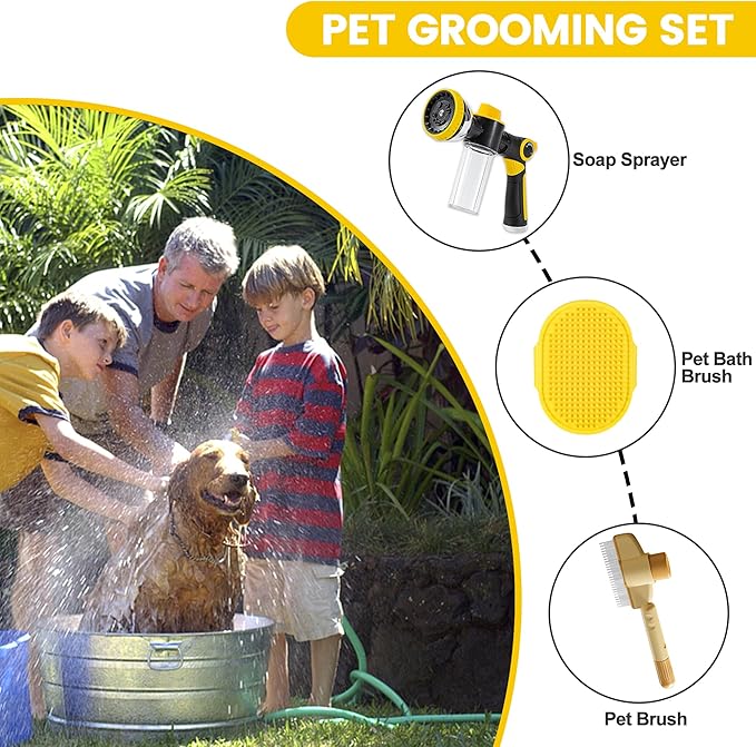 Dog Washing Hose Attachment, 10-in-1 Soap Sprayer Moden Garden Hose Nozzle with 100cc Soap Dispenser, Dog Wash Supplies with Dog Bath Brush & Pet Comb, Foam Gun Car Wash Sprayer (Yellow)-PurrikoPets