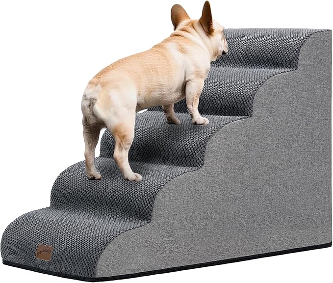 GoGoBunny Ramp Dog Stairs for High Beds 22.6" H, 5-Step Dog Slope Stairs with Durable Waterproof Fabric Cover, Pet Steps for Old Large Dogs Climbing, Non-Slip Sturdy Indoor Step, Grey-PurrikoPets