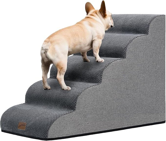 GoGoBunny Ramp Dog Stairs for High Beds 22.6" H, 5-Step Dog Slope Stairs with Durable Waterproof Fabric Cover, Pet Steps for Old Large Dogs Climbing, Non-Slip Sturdy Indoor Step, Grey-PurrikoPets