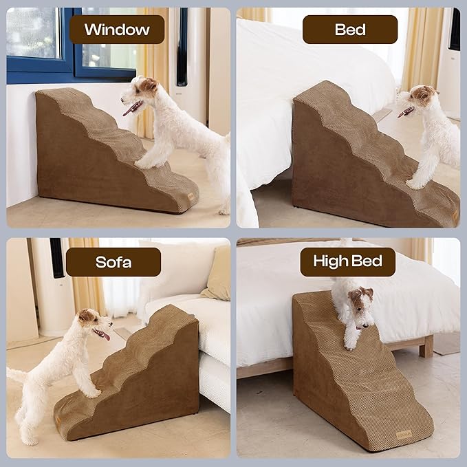 Dog Stairs for High Beds Up to 26-30", 5-Step Foam Pet Ramp with Washable Cover, Gentle Slope Steps, Bed & Couch Ladder for Small Medium Dogs & Senior Cat, Puppy Stairs to Get on Tall Furniture-PurrikoPets