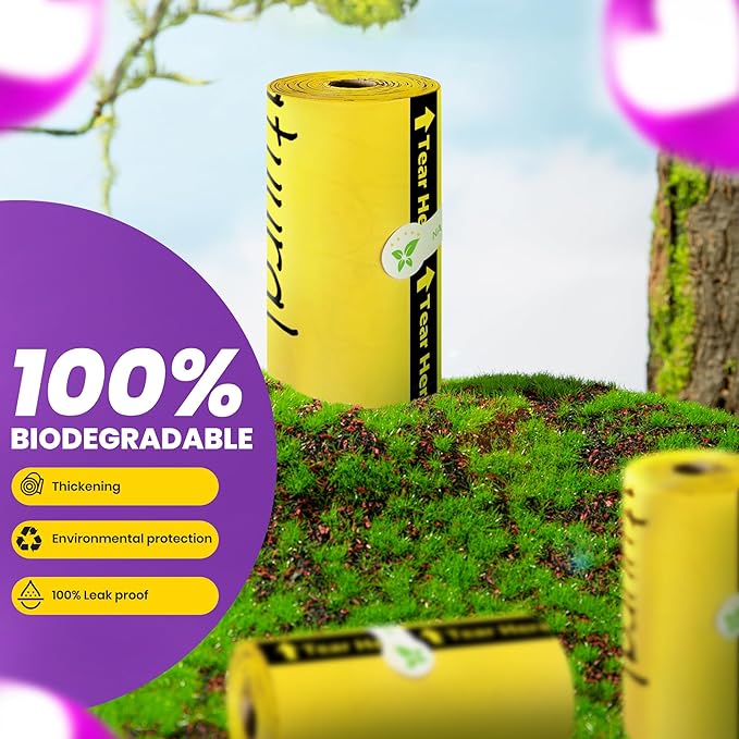 Dog Poop Bags-150 Counts with Holder (10 Rolls), Biodegradable Poop Bags, Eco-friendly and Easy to Open, Thick Dog Waste Bags (Yellow)-PurrikoPets