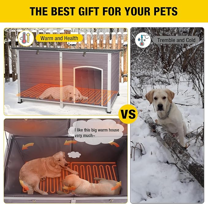 Aivituvin Dog House Insulated Outdoor Dog Kennel with Heated Liner for Winter 59" Extra Large Insulated Dog Cage with Heater,All-Around Iron Frame(Grey)-PurrikoPets