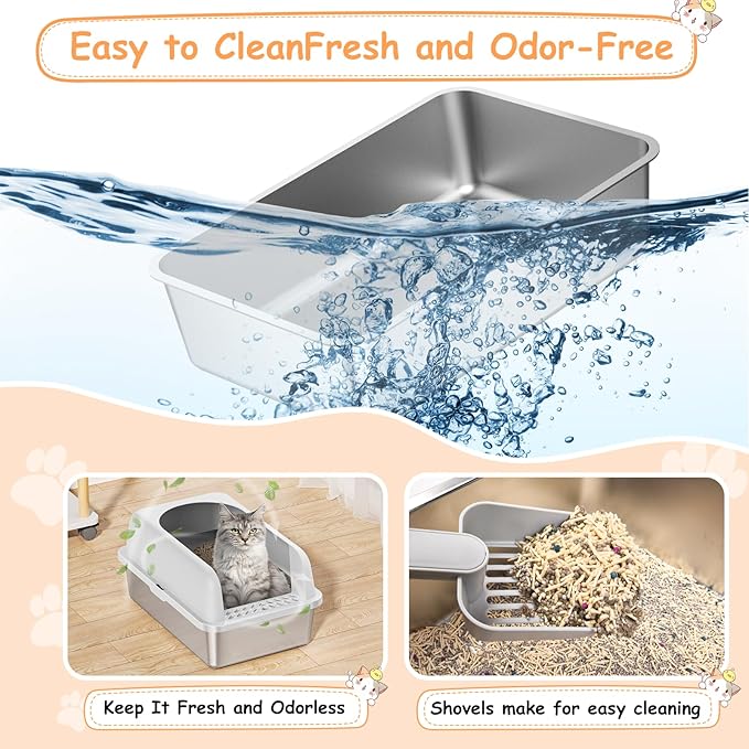 2 Pack Stainless Steel Litter Box, 24'' XL Extra Large Cat Litter Box with Lid, Metal Litter Boxes for Multiple Cats, Anti-Leakage,Non-Stick, Easy to Clean, Included Cat Litter Mat, Scoop-PurrikoPets