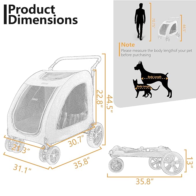 Extra Large Dog Stroller for Medium & Large Pets - Foldable Design, Adjustable Handle, Up to 130 lbs(Black)-PurrikoPets