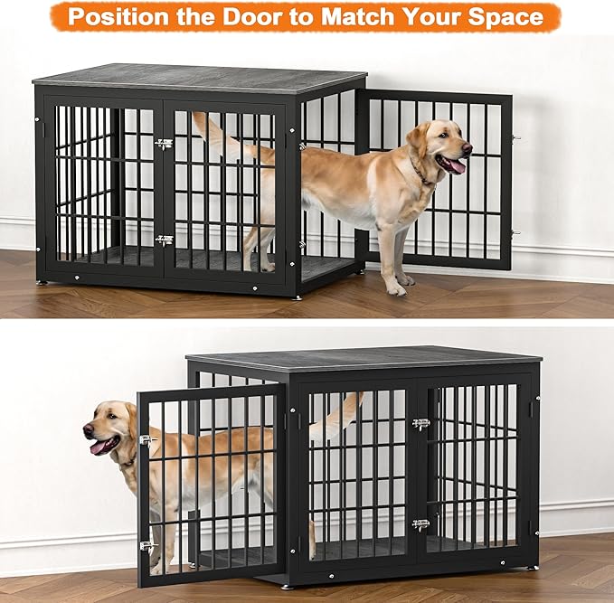 42 Inch Heavy Duty Dog Crate Furniture for Large and Medium Dogs, Decorative Pet House End Table, Wooden Cage Kennel Furniture Indoor, Gray-PurrikoPets