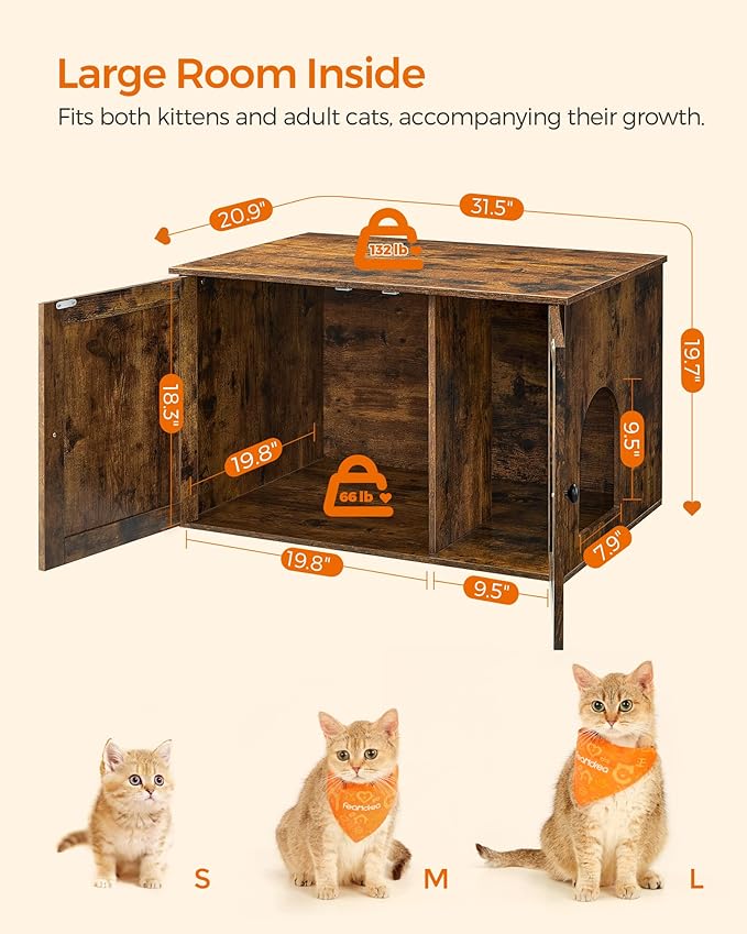 Feandrea Cat Litter Box Enclosure, Litter Box Furniture Hidden with Removable Divider, Indoor Cat House, End Table, 31.5 x 20.9 x 19.7 Inches, Rustic Brown UPCL002X01-PurrikoPets