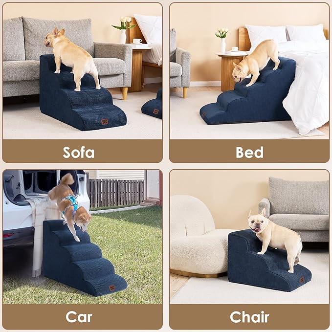 EHEYCIGA Curved Dog Stairs Ramp for High Beds 19.7" H, 4-Step Dog Steps for Small Dogs and Cats, Pet Stairs for High Bed Climbing, Non-Slip Balanced Pet Step Indoor, Navy-PurrikoPets