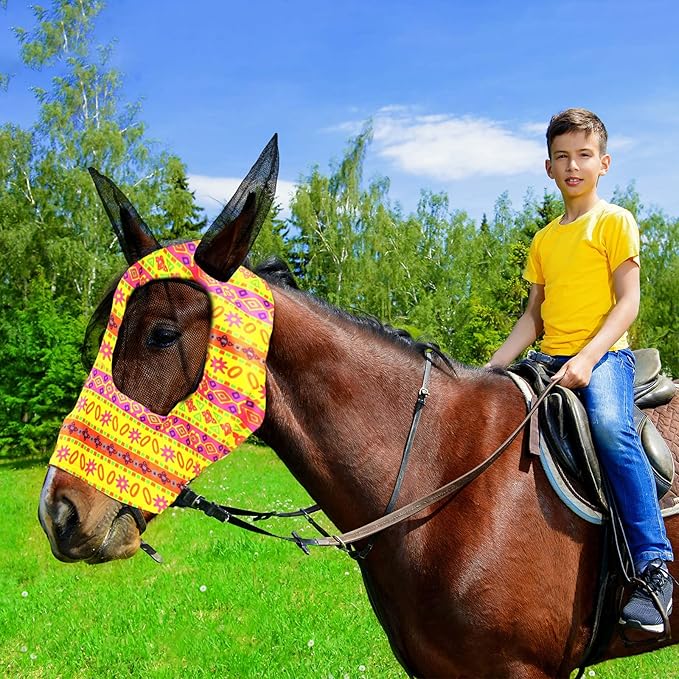 Frienda 4 Pieces Horse Fly Masks with Ears Face Covering UV Protection from Insect Pests Elasticity Smooth Comfortable Mesh Horse Mask Accessories(Geometric,Large)-PurrikoPets