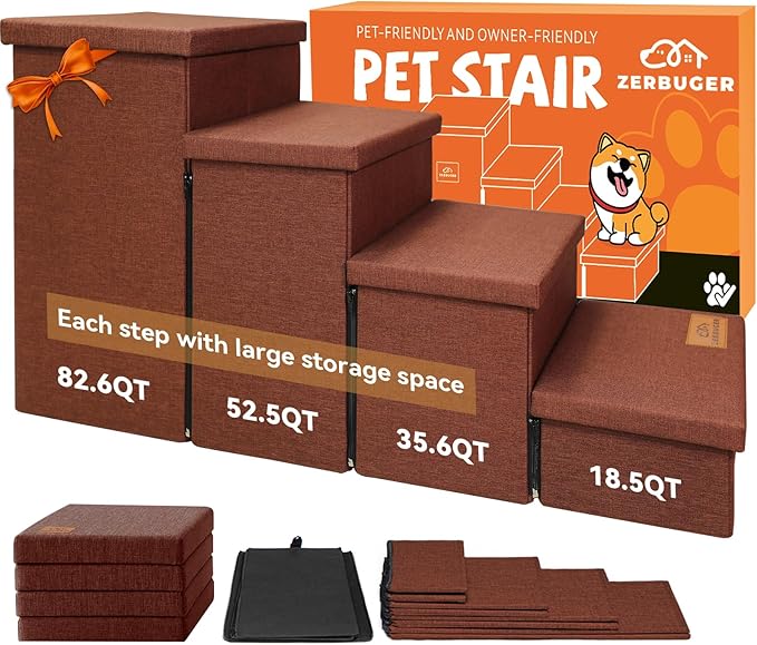 Dog Stairs with Storage 23" H, 4-Step Wider Dog Steps for High Beds Window, Folding Sturdy Pet Stairs Gift for Small/Medium/Large Old Dogs Cats, Ramp for Climbing Car Up to 200 lbs, Brown-PurrikoPets