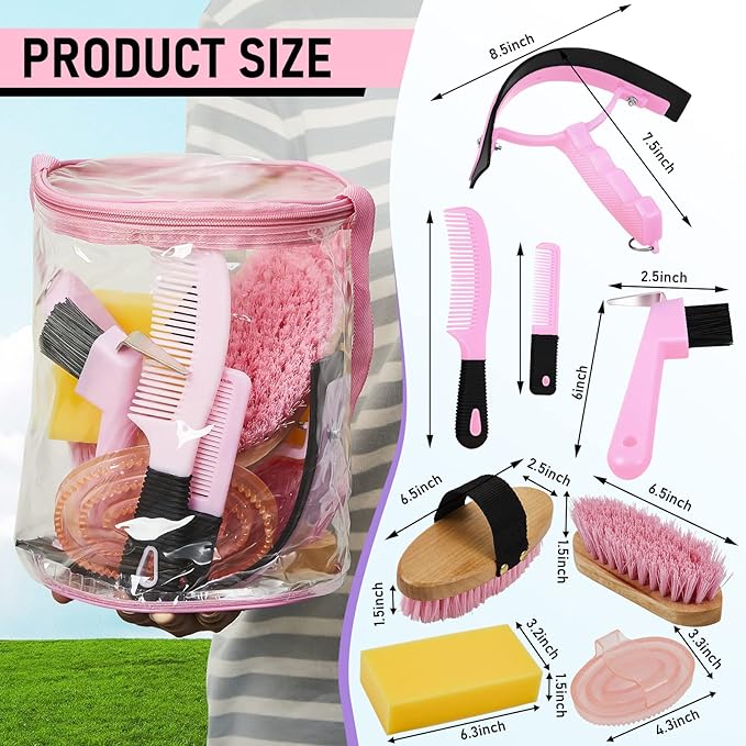 9 Pieces Horse Grooming Kit Tack Room Supplies Set with Organizer Tote Bag, Oval Massage Curry, Hard and Soft Brush, Hoof Pick, Sweat Scraper, Bathing Sponge, Combs for Horse Riders Beginners (Pink)-PurrikoPets