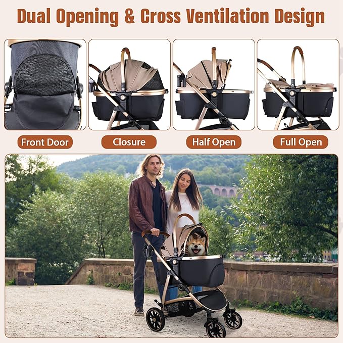 3 in 1 Multifunction Pet Stroller for Small Medium Dogs Cats, No-Zip Dog Stroller with Detachable Carrier & Cup Holder, One-Hand Quick Fold, 4 Wheels Travel Foldable Aluminum Alloy Frame Up to 33 lbs-PurrikoPets