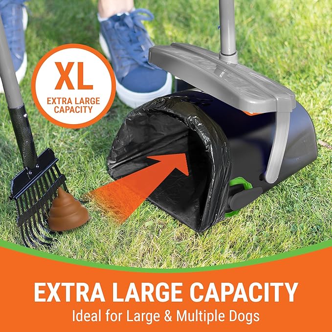 Dog Pooper Scooper with Bag Attachment, 40" Long Handle Pooper Scooper for Large Dogs, Dog Poop Scoop for Yard, Large Capacity Swivel Bin and Rake, Lavender Scented Bags (Grey)-PurrikoPets