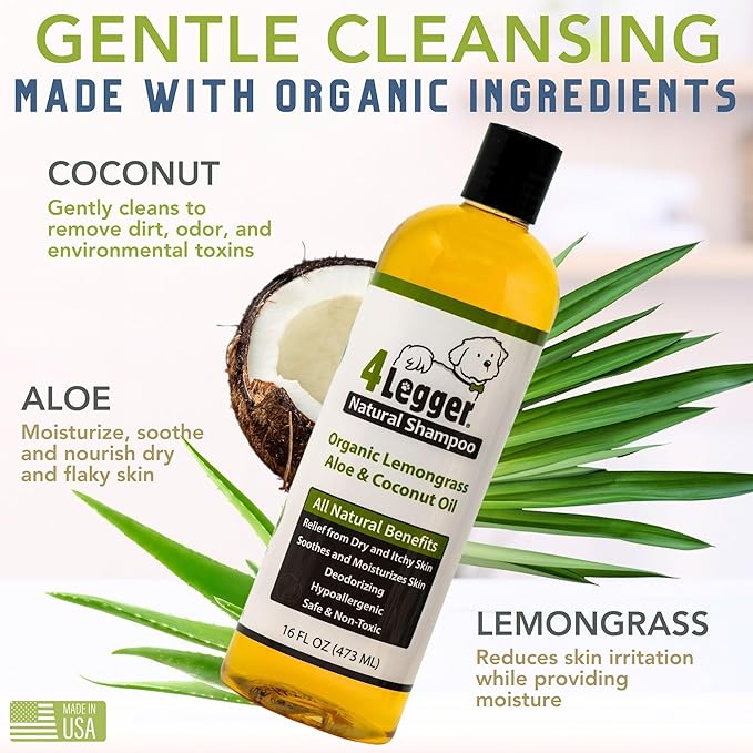 4-Legger Certified Organic Dog Shampoo - All Natural and Hypoallergenic with Aloe and Lemongrass, Soothing for Normal, Dry, Itchy or Allergy Sensitive Skin - Biodegradable - Made in USA - 16 oz-PurrikoPets