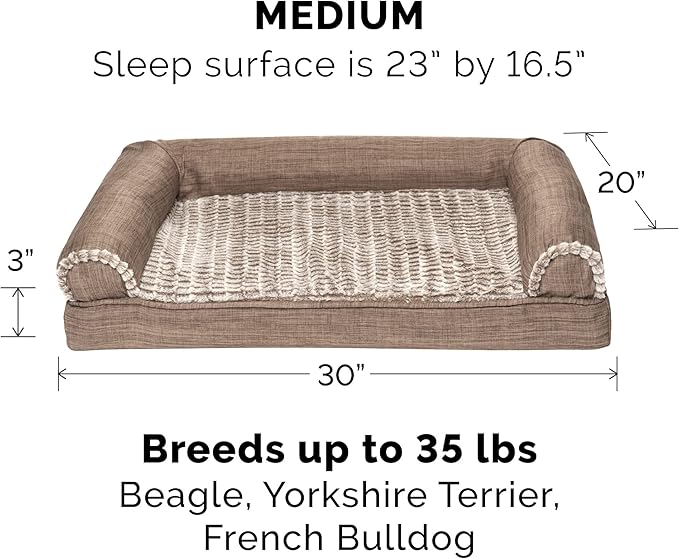 Furhaven Cooling Gel Dog Bed for Medium/Small Dogs w/ Removable Bolsters & Washable Cover, For Dogs Up to 35 lbs - Luxe Faux Fur & Performance Linen Sofa - Woodsmoke, Medium-PurrikoPets