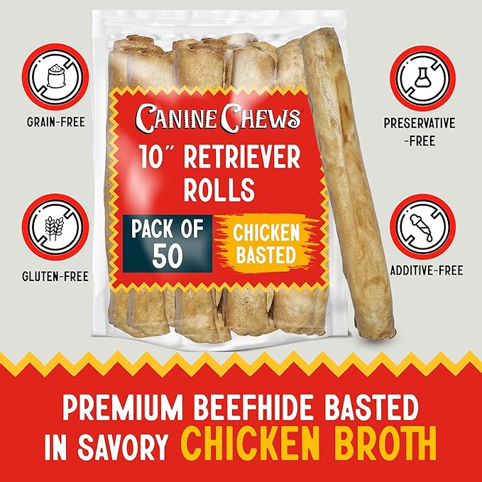Canine Chews 10" Chicken Basted Dog Rawhide Retriever Rolls (50 Pack) - Natural Beef Dog Rawhide Chews - Healthy Dental Chews-PurrikoPets