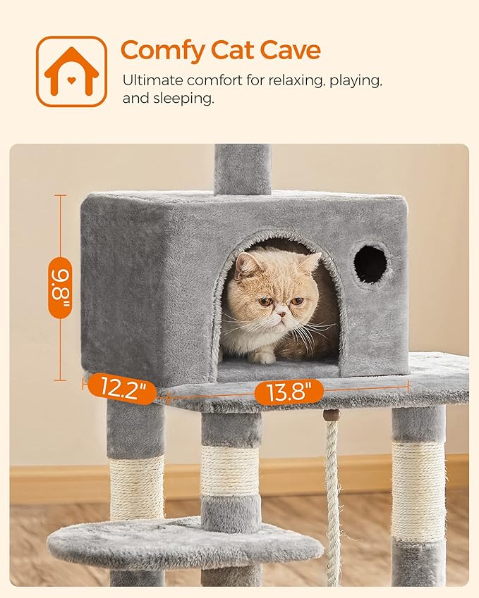 FEANDREA Cat Tree, Cat Tower for Indoor Cats, 56.3-Inch Cat Condo with Scratching Posts, Hammock, Plush Perch, Light Gray UPCT15W-PurrikoPets