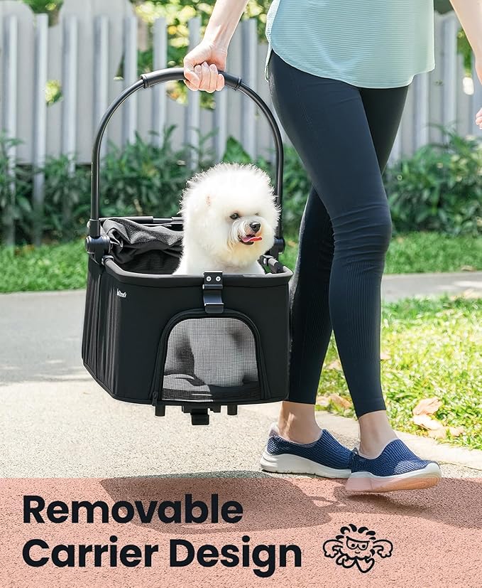 4 Wheels Pet Stroller, Dog Stroller for Small/Medium Dogs and Cats up to 33 lbs, One-Click Fold & Draggable, Removable Carrier, Zipperless Entry, Mesh Windows, Black-PurrikoPets