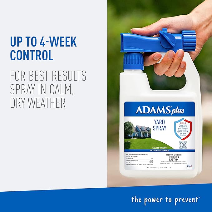 Adams Plus Yard Spray ; Kills Mosquitoes, Fleas, Ticks, Ants, And Many Other Listed Nuisance Pests in Outdoor Areas ; Treats Up to 5,000 Square Feet ; Easy To Use Hose-End Spray ; 32 Fl Oz-PurrikoPets