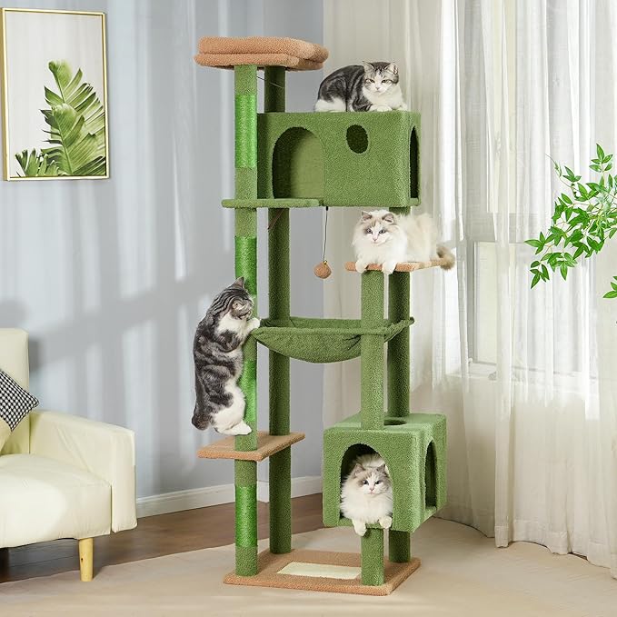 72” Cat Tree for Large Cats Big Cat Tower with Enlarged Hammock 21.6x17.7” Spacious Cats Condo House and Roomy Top Bed and Multiple Scratch Posts for Indoor Adult Cats (Green, XLarge-72)-PurrikoPets