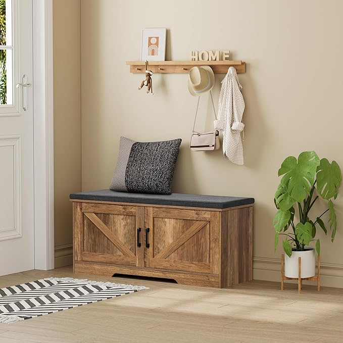 2-Tier Storage Bench, Shoe Bench with Padded Seat Cushion, Entryway Bench with 2 Barn Doors, Adjustable Shelf, 13.8" D x 39.4" W x 17.7" H, for Entryway, Living Room, Bedroom, Rustic Walnut-PurrikoPets