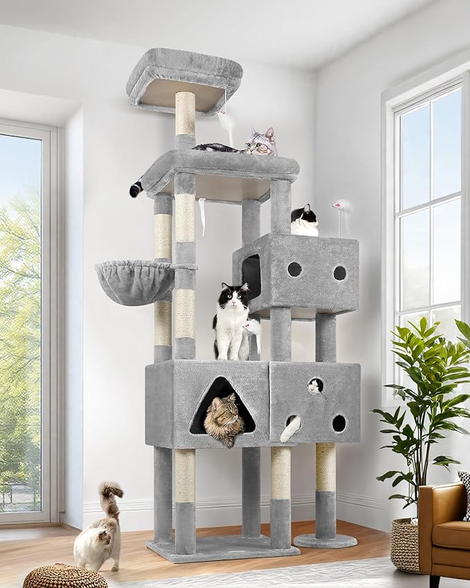 Globlazer Extra Large Cat Tower, 81-inch Tall Cat Tree for Big Cats 20 lbs, XXL Heavy Duty Cat Scratching Tower for Indoor Adult Cats with 3 Cat Condos, 8 Scratching Posts, F81, Light Grey-PurrikoPets