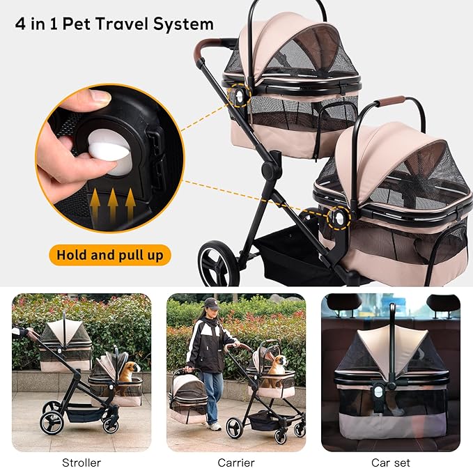 Foldable Double Pet Stroller for 2 Small Medium Cats Dogs, Lightweight Single and Double Integrated Pet Stroller with Detachable Carriers-PurrikoPets