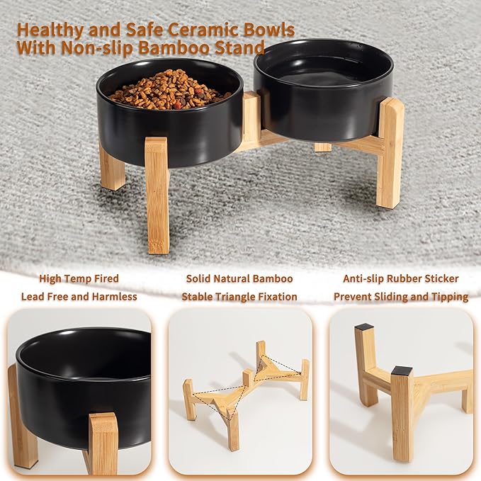 Elevated Ceramic Dog Bowl Set - Raised Dog Bowls with Non-Slip Bamboo Stand - Dog Food and Water Bowl Set - Double Dog Feeding Bowls - Suitable for Small and Medium Dogs - 28.74 OZ - 3.6 CUPS - 850 ML-PurrikoPets
