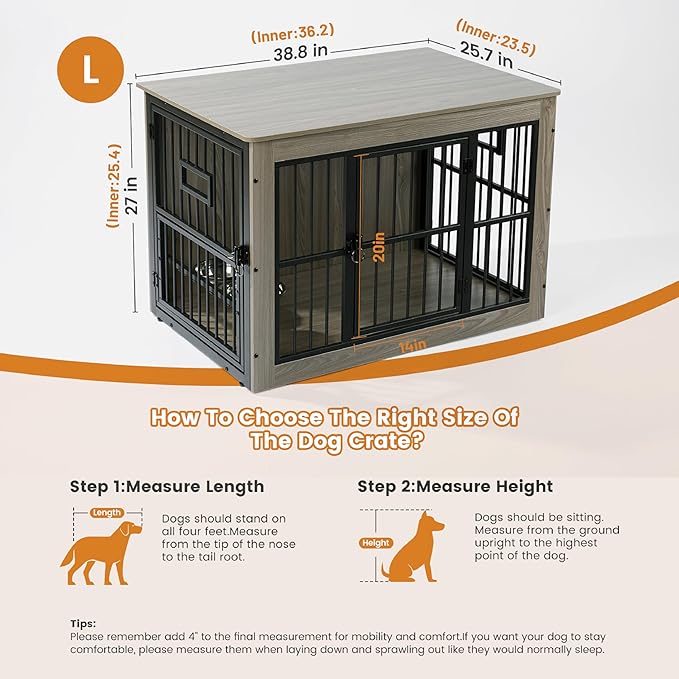 Gardner Pet Dog Crate Furniture for Medium Dogs, 38.8 Inch Dog Kennel Indoor, Wooden Dog Cage End Table with 2 Removable Bowls, Heavy Duty Dog Crate, Rustic Grey-PurrikoPets