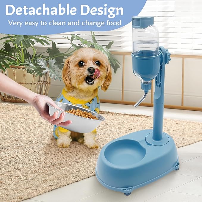 Fhiny Dog Water Feeder Bottle with Stand, Dispenser Automatic Water Food Bowl for Cage No-Drip Leak-Proof Adjustable Raised Pet Slow Water Bottle Dog Kennel Durable Drinker (Blue, 17oz)-PurrikoPets