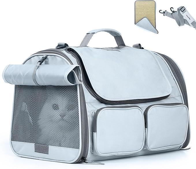 FUKUMARU Cat Carrier, Soft-Sided Small Dog Carrier, Large Cat Travel Bag with 4 Mesh Windows, Under 15 lb Airline Approved Pet Carrier with 4 Storage Pockets, Rollable Cover for Nervous Cats, Grey-PurrikoPets