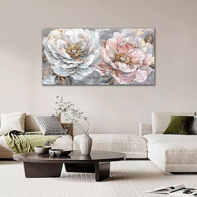 Extra Large Flower Wall Art Pink and White Floral Canvas Living Room Golden Pictures Framed Prints Oversize Wall Decor Big Painting Artwork for Bedroom Dining Office Home 60"x30"-PurrikoPets