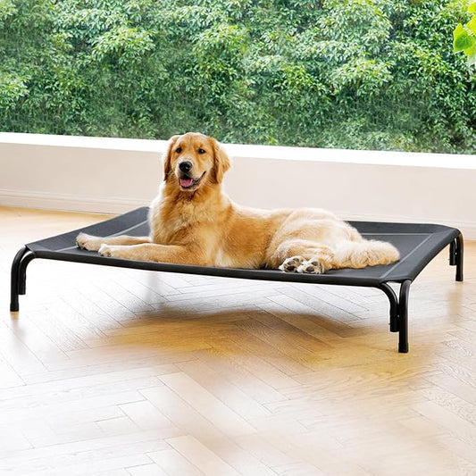 Elevated Dog Bed Raised Outdoor Dog Cot for Extra Large Dogs, Installation Requires No Tools, Frame with Washable Cooling Breathable Mesh Anti-Slip Feet, Indoor Pet Bed, Black, 48.8 Inches-PurrikoPets