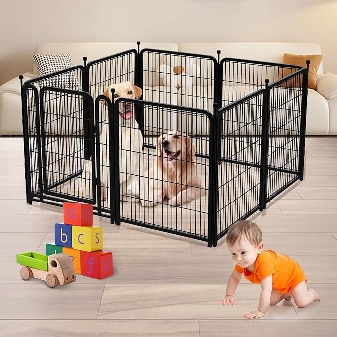 Dog Playpen 48 inch(H) 4 Panels Dog Fence Outdoor for Yard. Metal Dog Pen Heavy Duty Pet Puppy Exercise Pen for Rv Camping Garden Yard, Wide Door Low Threshold Dog Fence Total 8.9 Ft(L)-PurrikoPets