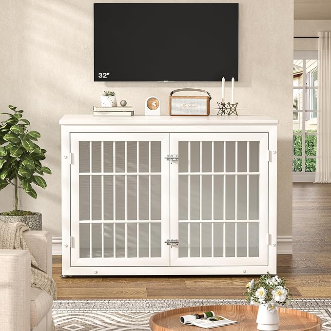 42" Heavy Duty Dog Crate Furniture for Large and Medium Dogs, Enclosed Design Wooden Metal Kennel, Wooden Cage Furniture Indoor, Decorative Dog Kennel End Table-PurrikoPets