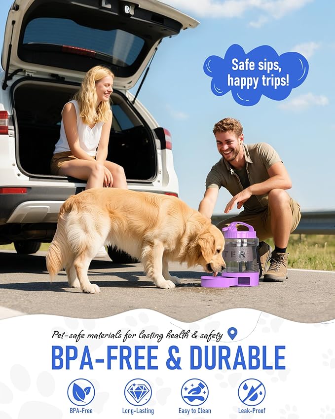 77oz Dog Travel Water Bottle, Large Portable Dog Water Bowl Dispenser, Leakproof Pet Drinking Bottle Dispenser for Hiking Camping Walking Travelling Beach Car Trips, No Spill, BPA Free,Purple-PurrikoPets