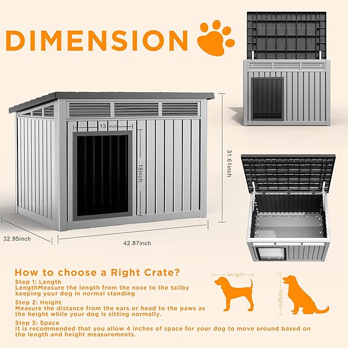 DRATO Dog House for Both Indoor and Outdoor with Weatherproof Roof Removable Floors for Medium to Large Dogs Interior Space (Gray, Large (42.87 * 32.95 * 31.61''))-PurrikoPets