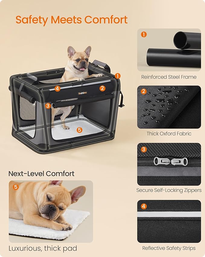 Feandrea Collapsible Dog Crate, 24-Inch Portable Dog Travel Crate for Small Dogs, Oxford Fabric Pet Carrier with 4 Mesh Doors, Handles, Storage Pocket, Water Bottle Holder, Ink Black UPDC016B01-PurrikoPets