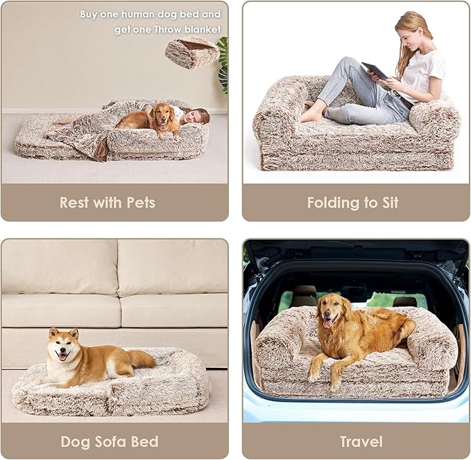 EHEYCIGA Foldable XXL Dog Bed, Faux Fur Fluffy Pet Couch Bed for Extra Large Dogs, Orthopedic Calming Memory Foam Pet Bed, Washable Soft Pet Sofa Bed with Non-Slip Bottom, Faded Brown, 54"x38"x7.5"-PurrikoPets