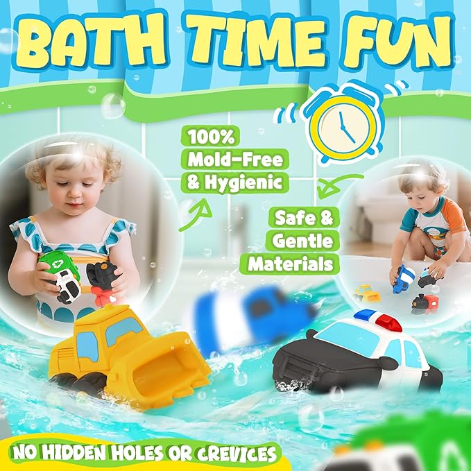 6 PCS Vehicle Floating Bath Toys Mold Free Infant Bath Tub Toys for 12 Months - No Hole Bathtub Toys for Toddlers 1-3 Water Pool Toys for Baby Toddler Ages 1+-PurrikoPets