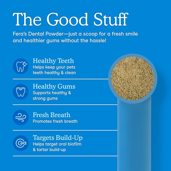 Fera Pets Cat & Dog Dental Support Powder - Supports Fresh Breath - Promotes Healthy Teeth and Gums - Targets Tartar Build-Up - Includes Kelp, Enzymes & Postbiotics - 60 Scoops-PurrikoPets