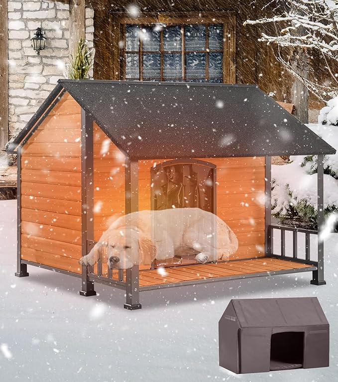 Extra Large Dog House Outdoor for Large Dogs, Insulated Dog House with Metal Frame, Waterproof Dog Shelter with Asphalt Roof, PVC Curtain & Multifunctional Patio, Indoor Outdoor Use-PurrikoPets