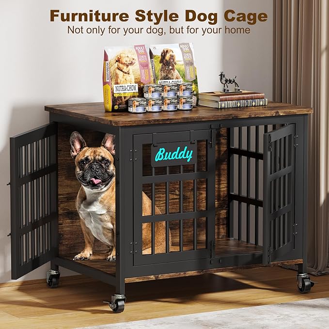 EasyCom 33"/27" Dog Crate Furniture with Name Tag, Heavy Duty Dog Kennel Indoor for Medium and Small Dogs, Double-Doors Sturdy Metal Dog Cage, Decorate House as TV Stand, End Table, Bedside Table-PurrikoPets