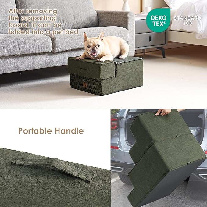 EHEYCIGA Dog Stairs for Small Dogs 13.5" H, 3-Step Dog Steps for Couch Sofa and Chair, Pet Steps for Medium Cats, Non-Slip Balanced Pet Ramp Indoor, Olive Green-PurrikoPets