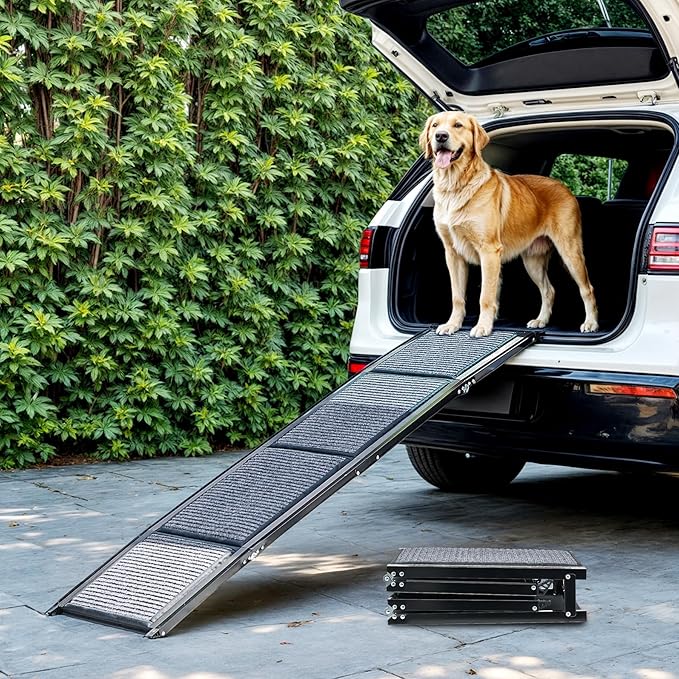 Dog Ramp for Car, 63" Folding Pet Ramp for Large Dogs up to 200 lb, 17" Wide Car Ramp for Dog, Portable Pet Stair Ramp with Nonslip Rug Surface, Outdoor Dog Ramp for Truck SUV High Bed Couch-PurrikoPets