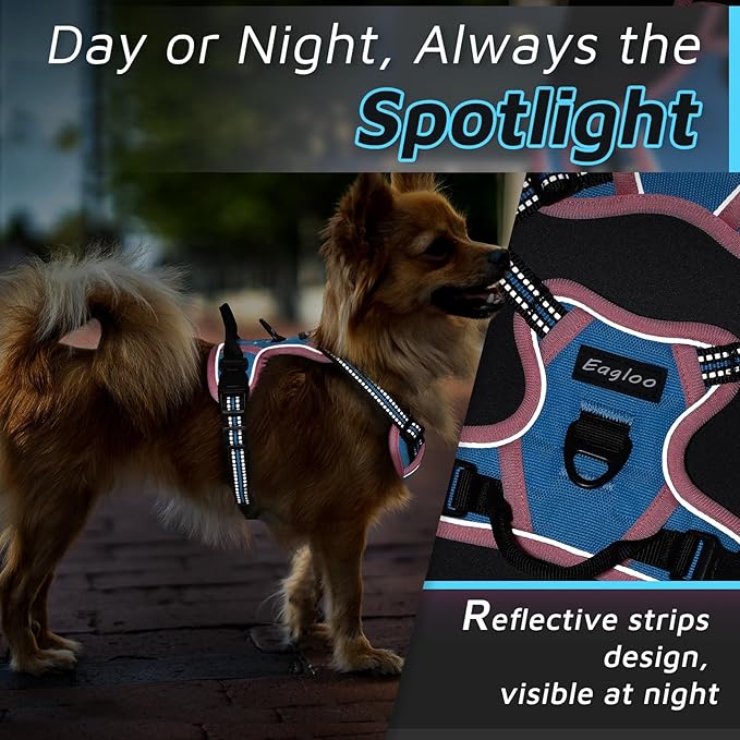 Eagloo Small Dog Harness No Pull, Service Vest with Reflective Strips and Control Handle, Adjustable and Comfortable for Walking, No Choke Pet Harness with 2 Metal Rings, Pink & Blue, XS-PurrikoPets