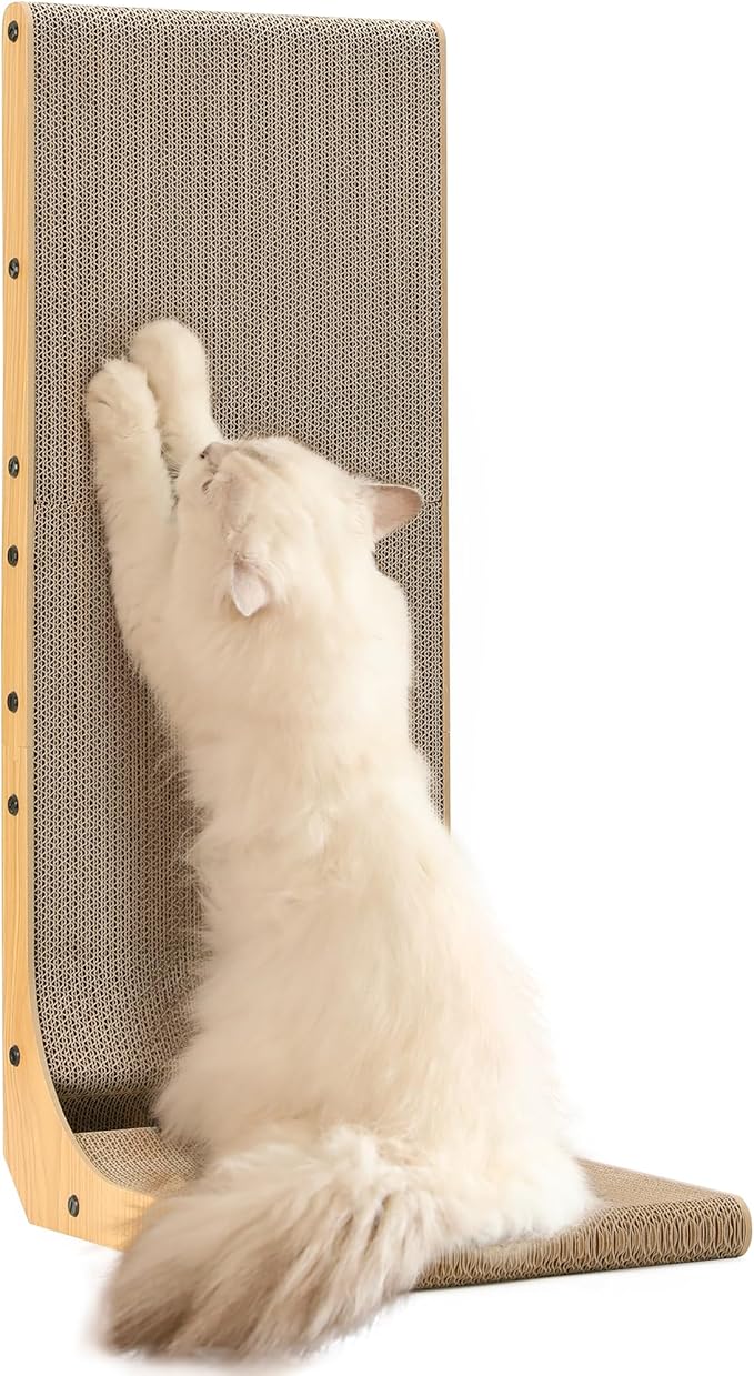 FUKUMARU Cat Scratcher, 32.7 Inch L Shape Cat Scratch Pad Wall Mounted, Cat Scratching Cardboard with Ball Toy for Indoor Cats, Extra Large-PurrikoPets